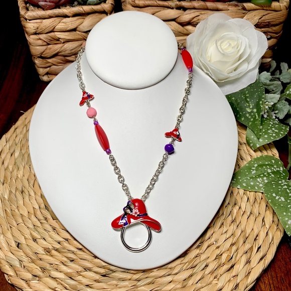 Enameled Red Hat & Beaded Long Chain Glasses or Name Badge Holder Necklace - Picture 1 of 14
